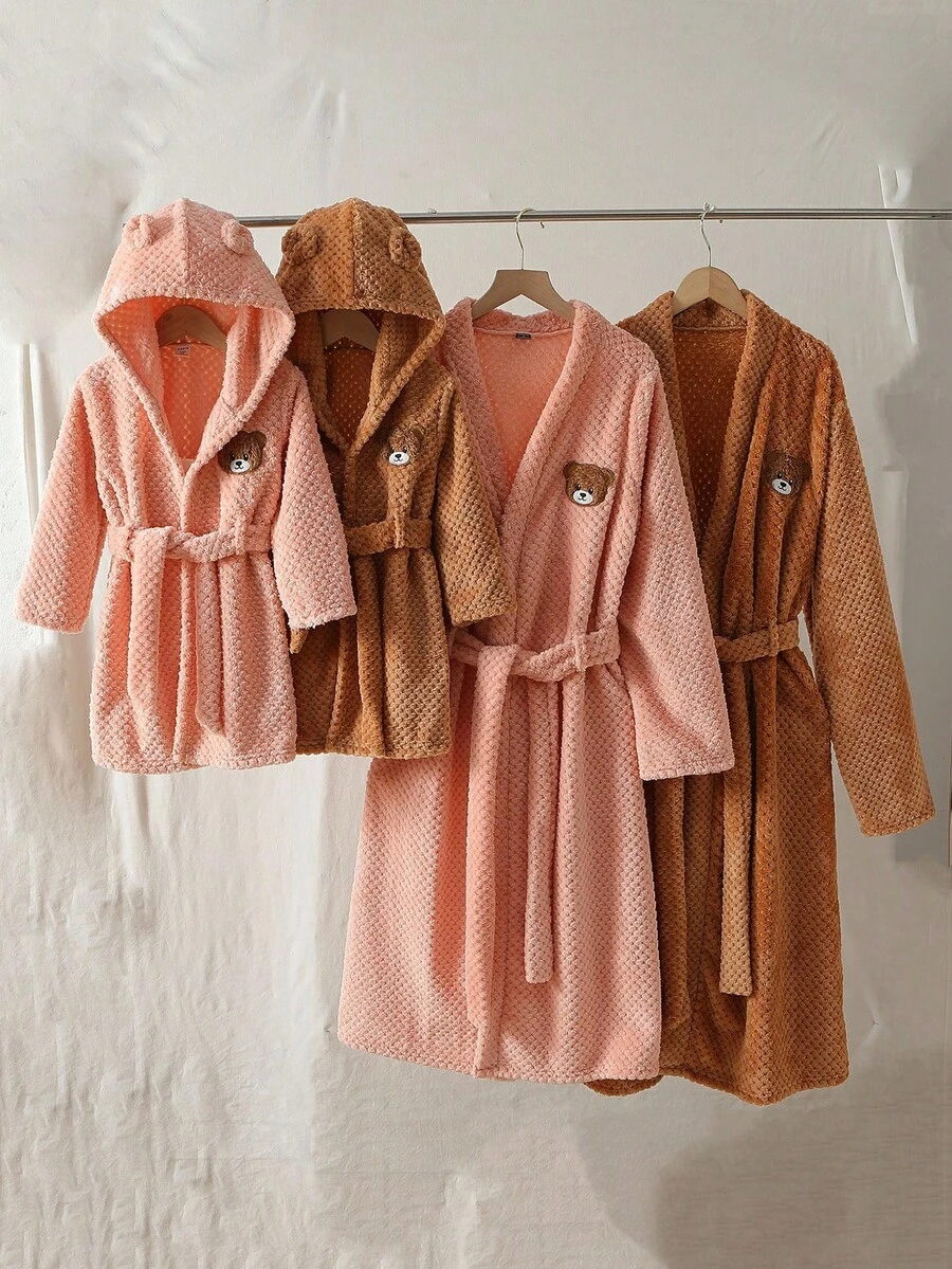 女童幼儿毛绒简约时尚小熊刺绣长袖连帽长袍睡衣 - 粉色 - 查看 1