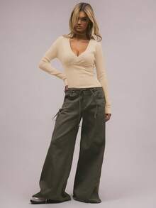 MUSERA V领裹身针织长袖上衣，优雅春假可爱性感90年代夏季粉嫩甜美机场度假冬季日常晚宴派对优雅 - 奶油色 - 查看 4