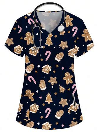 PopScrub Christmas Black V-Neck Short Sleeve Double Pocket Cute Gingerbread Man, Figurine, Gingerbread House, Star, Candy Cane, Glove, Windmill, Santa Hat, Christmas Tree Cartoon Print Design Nurse/Doctor Work Uniform Top/ Examination Surgery Uniform/Solid Color Pet Grooming Work Uniform Top
