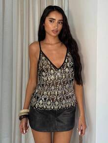 SHEIN Tall Áo hai dây cổ chữ V đính sequin gợi cảm thời trang dành cho nữ mùa Giáng sinh - màu đen - Xem 7