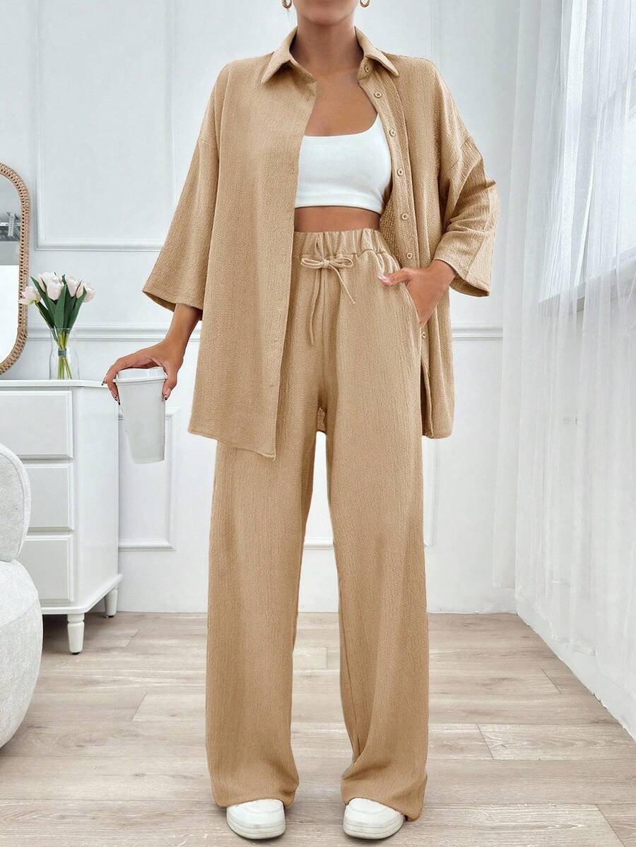 EURMUSE 女士纯色落肩长袖衬衫和系腰裤休闲宽松两件套西装，春夏季