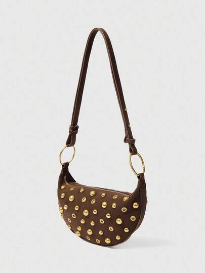 SHEIN BAE ELLA GRACE Rustic Coffee Brown Suede Crescent Shape Shoulder Bag Decorated With Gold Studs And Rings, Showcasing Retro Punk Flair, Adjustable Strap For All - Day Wear, New Autumn And Winter Women Bag, Best Fall Purse, Perfectly Matching With Fall Outfits Womenfall Clothes For Women