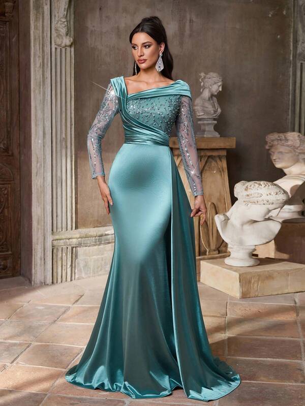 Aureia Elegant, Romantic, Dignified, Luxurious Mist Blue Sequin Fabric Satin Patchwork Long Sleeve Pleated Decor Fishtail Hem Trailing Formal Dress, Suitable For Festivals, Vacations, Birthday Parties, Weddings, Formal Galas (Luxury Edition)