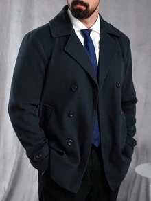 Manfinity Homme 男士纯色翻领长袖双排扣休闲大衣，秋冬款 - 藏蓝色 - 查看 6