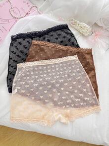 PetitDoll 3pcs/Set Sweet Heart Jacquard Mesh Lace Trim Panties