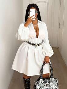 Maweii 加大码收腰长袖衬衫裙，独特设计 - 白色 - 查看 1