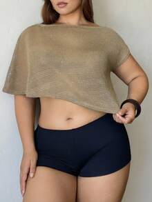 Nezia Cruz Women Asymmetric Neck Sheer Elegant Short Sleeve Top - Khaki - View 4