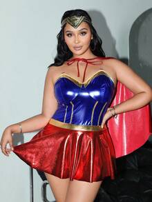 Fantasy Costume 2 pezzi Set di Mantello da Supereroe e Abito Aderente, Abito da Club con Scollo Senza Spalline in Contrasto di Colore in Pelle PU, Adatto per Mascherata, Bar festa, Festival Musicale, Cosplay Taglie Forti