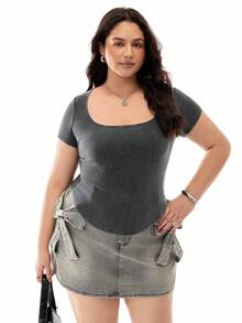 Solavibe Scrunched Detail Square Neck Asymmetrical Hem Plus Size T-Shirt, Short Sleeve - Black - View 5
