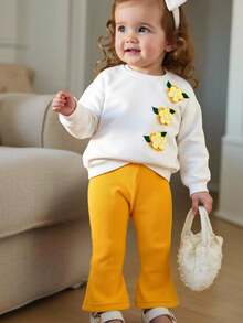 SHEIN 2pcs Baby Girls' Cute 3D Flower Decor Flared Pants And Long Sleeve Sweatshirt Casual Outfit