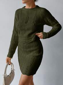 EURMUSE Elegant Texture Knit Hollow Out Sweater & Sweater Skirt Co-Ords 2 Pieces Set - Army Green - View 3