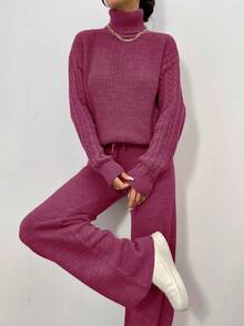 EURMUSE High Neck Drop Shoulder Sweater And Knit Pants Set - Pink - View 5