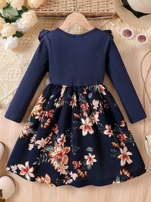 Elladie kids Young Girl' Printed Long Sleeve Ribbed Waist A-Line Dress - Royal Blue - View 2