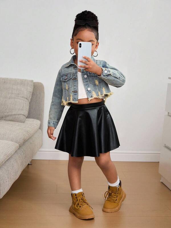 Young Girl' Y2k Retro Blue Denim Ripped Short Jacket,Fall Clothes,Winter Clothing ,Casual And Fashionable Vacation Outfits,Street Wear,2000s Style ,Christmas Denim Jacket,Vintage Clothes Kid