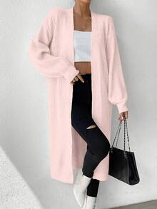 SHEIN LUNE Women's V-Neck Ribbed Lantern Sleeve Wool Blend Cardigan, Pink - Pink - View 5