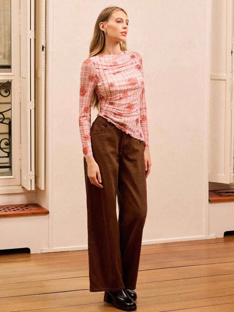 lacRébo Autumn Pink Checked Mesh Fitted Top With Floral Print, Side Ruching, And Asymmetric Hem Spring Women Clothes Spring Summer Office Top Going Out Top - Multicolor - View 1