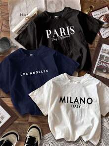 SHEIN EZwear 3 件套休闲简约黑、蓝、白图案圆领短袖短款紧身 T 恤女款，适合夏季外出 - 彩色 - 查看 8