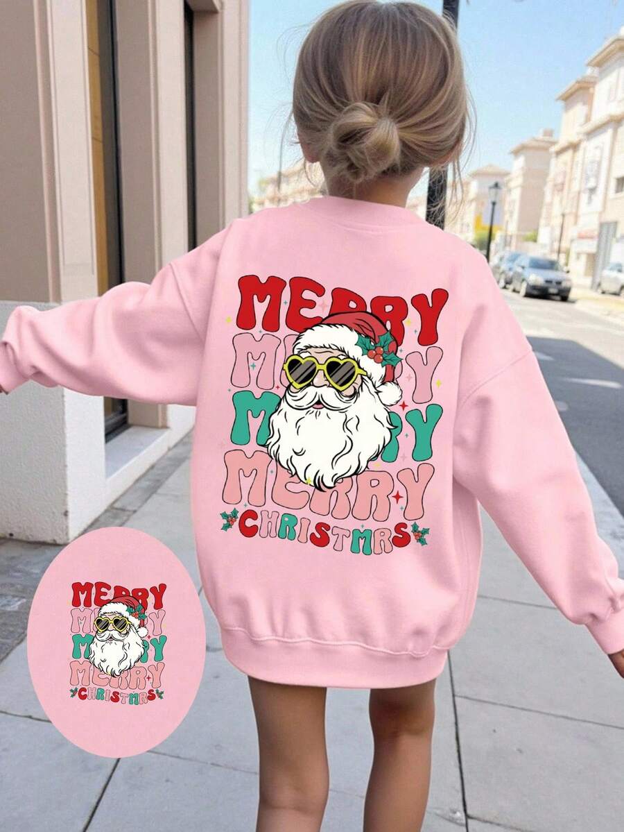 Young Girl' Basic Round Neck Fleece Sweatshirt - White - Pink - View 1