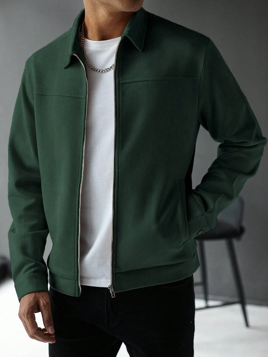 Manfinity Homme Men's Dark Green Casual Long Sleeve Regular Fit Plain Style Jacket With Collar And Zipper, Fall