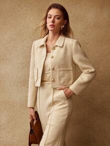 MOTF PREMIUM CHAQUETA CUADRADA DE TWEED DE LANA, INVIERNO, CITAS - Albaricoque - Ver 4