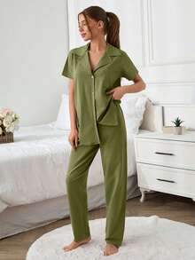 COTTON Women 2 Pcs Button Front With Pocket Detail Solid Coloue Homewear PJ Set - Green - View 6