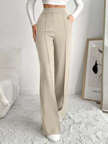 EURMUSE Solid Color Wide Leg Suit Pants With Slant Pockets - Beige - View 5