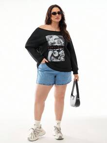 SHEIN EZwear 性感女士图案加大码露肩宽松休闲运动衫，适合秋冬季 - 黑色 - 查看 2