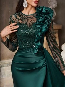 Aureia Thanh lịch, Sang trọng, Trang nghiêm, Sang trọng, Xanh ngọc lục bảo, Vải sequin, Vải satin chắp vá, Tay dài, Viền đuôi cá, Đuôi tàu, Thích hợp cho kỳ nghỉ, Đám cưới, Tiệc độc thân, Vũ hội trang trọng, Váy dạ hội - Màu xanh lá cây đậm - Xem 2
