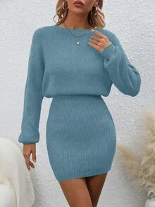 EMERY ROSE Women's Casual Solid Color Long Sleeve Sweater Dress - Dusty Blue - View 6