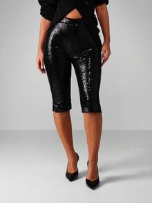 MISSGUIDED Quần lửng lửng đính sequin, cạp cao, thích hợp cho tiệc tối, đi chơi đêm, lễ hội, năm mới, biểu diễn. - màu đen - Xem 4