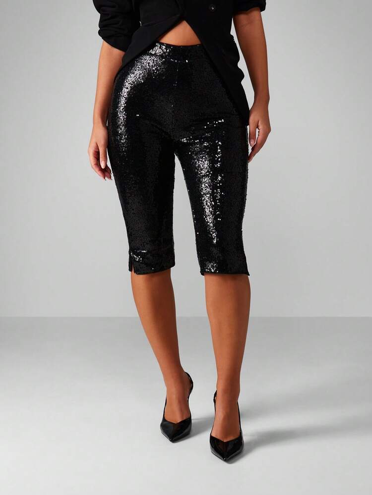 MISSGUIDED Sequin Cropped Capri Pants High Rise Evening Party Night Out Holiday Festival New Years Performance Sparkle