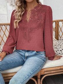 SHEIN Clasi Áo sơ mi dài tay màu trơn cổ hoa tối giản thanh lịch dành cho nữ cỡ lớn - Bụi hồng - Xem 5