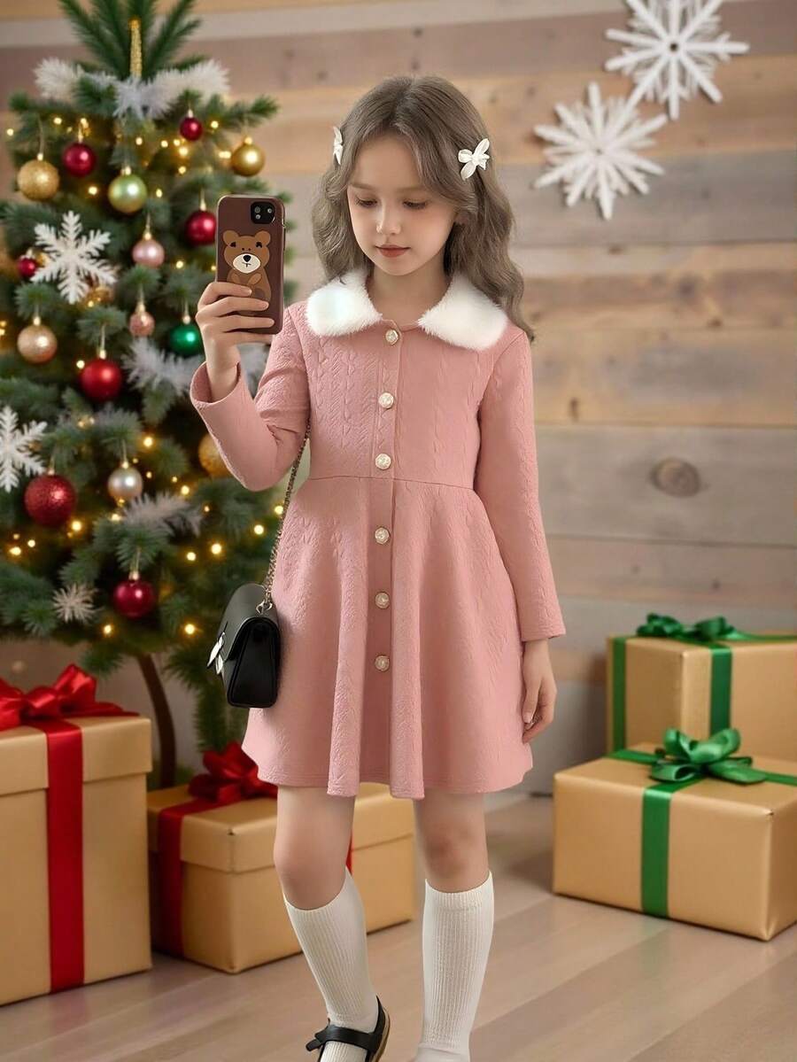 SHEIN Elladie kids 年轻女孩优雅粉色纹理面料腰部拼接白色仿毛领连衣裙，秋冬 - 藕粉色 - 查看 1