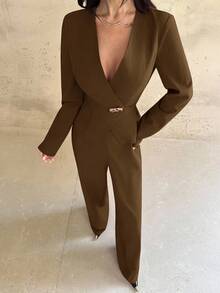 Firerie 2 件套女士休闲纯色重叠 V 领长袖金属纽扣装饰衬衫上衣和裤子套装，时尚勃艮第西装，职业通勤女装，优雅，通勤，工作服，女教师制服 - 棕色 - 查看 8