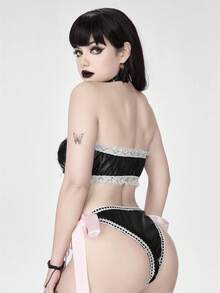 ROMWE Goth 女式哥特式系带紧身胸衣上衣和蝴蝶结性感 PU 皮革服装 - 黑色 - 查看 3