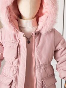 SHEIN Young Girls Autumn/Winter New Stylish Versatile Thickened Padded Coat, Hooded With Faux Fur Collar, Zipper, Pockets, Waist Cinched, Padded Coat - Pink - View 3