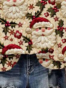 SHEIN LUNE 圣诞节仿皮草圣诞帽休闲简约印花圆领宽松女式运动衫，秋冬 - 彩色 - 查看 7