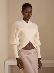 JIAN LASALA Locker sitzender Strickpullover mit Kreuzgurt-Manschetten und Laternärmeln für Damen, Herbst Winter Lässig Elegant Luxus Modekollektionspullover, Weiß