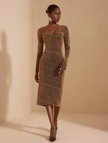 JIAN LASALA Abito midi attillato con scollo quadrato, maniche lunghe e paillettes dorate, abito elegante da donna per feste, abito attillato marrone, abito con paillettes, abito nei toni della terra, collezione di abbigliamento di lusso e di stile