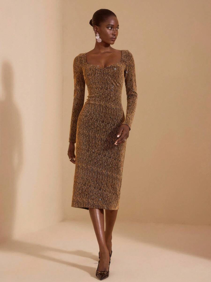 JIAN LASALA Abito midi attillato con scollo quadrato, maniche lunghe e paillettes dorate, abito elegante da donna per feste, abito attillato marrone, abito con paillettes, abito nei toni della terra, collezione di abbigliamento di lusso e di stile