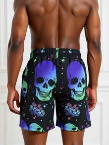 Manfinity KASUA Men's Summer Vacation Reflective Skull, Star, Floral Print Drawstring Waist Slant Pocket Beach Shorts