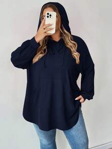 SHEIN CURVE+ 大码纯色连帽抽绳不对称下摆运动衫女士秋冬装 - 藏蓝色 - 查看 7