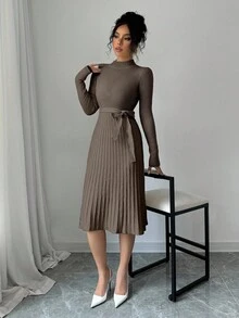 Rafferiza 女式简约纯色立领插肩长袖百褶时尚连衣裙 - 棕色 - 查看 3