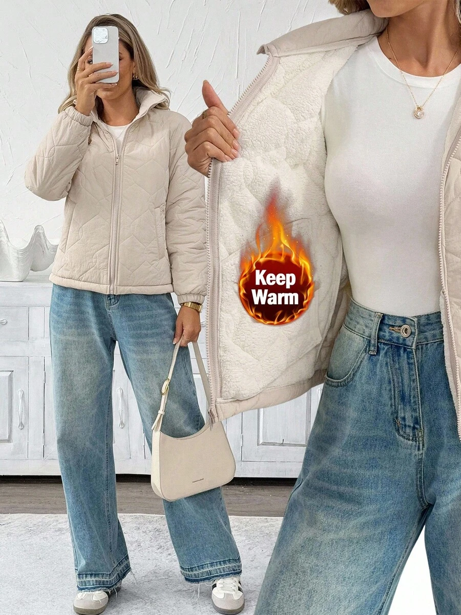 SHEIN LUNE 女士休闲保暖长袖口袋绗缝外套，女士夹克，绗缝外套，拉链外套，轻便外套，女士秋冬服装，女士冬季服装，女士冬季外套，女士冬季夹克，女士休闲工作装，女士秋冬服装，女士舒适秋冬服装，女士绗缝外套，女士保暖服装，女士外套，女士羊羔绒内衬外套，休闲 - 米色 - 查看 1