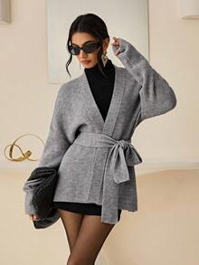 Lyxana Damen einfarbiger Cardigan mit Trompetenärmeln, Langarm, Lässig, mit Gürtel, Herbst/Winter - Grau - Übersicht 7