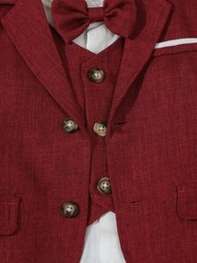 SHEIN 4件套男宝宝返校绅士套装，包括带蝴蝶结的长袖衬衫、马甲、长袖西装外套和裤子，适合生日、婚礼、洗礼和一周岁生日派对，儿童比赛表演婚礼正式礼服。 - 紅色 - 查看 6