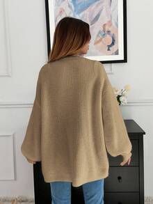 EURMUSE 休闲简约纯色灯笼袖落肩宽松开衫，秋冬 - 駝色 - 查看 2