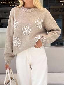 EURMUSE Damen Rundhals Strick Pullover in lockerer Passform, bequem und warm mit Blumen Stickerei - Beige - Übersicht 4