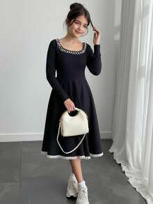 SHEIN Tween Girl Black Vintage Lace Trim Elegant Beaded U-Neck A-Line Mini Dress, Party Dress, Long Sleeve Mini Dress For Outing, Party, Graduation, Suitable For Halloween, Christmas - Black - View 5