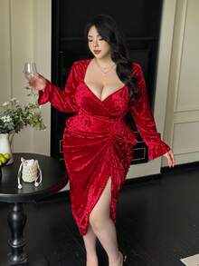Flirla Vestido mini rojo de terciopelo brillante con diamantes, vestido de cóctel elegante de moda con pliegues en la cintura y abertura lateral, adecuado para fiestas de Navidad, ocasiones formales y citas - Rojo - Ver 5